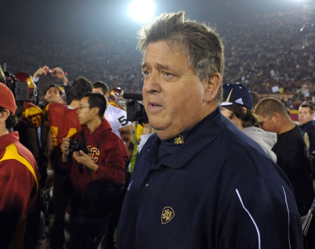 Nov. 29, 2008; Los Angeles, CA, USA; Notre Dame Fighting Irish head coach Charlie Weis walks off the field after the Southern California Trojans beat Notre Dame 38-3 at the Los Angeles Memorial Coliseum.