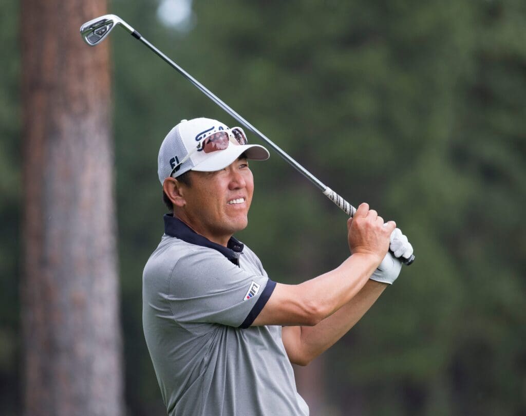Charlie Wi hits a drive during the Barracuda Championship PGA golf tournament at Montr ux Golf and Country Club in Reno, Nevada on Friday, July 26, 2019. Barracuda Golf Friday 109 Charlie Wi hits a drive during the Barracuda Championship PGA golf tournament at Montreux Golf and Country Club in Reno, Nevada on Friday, July 26, 2019.
