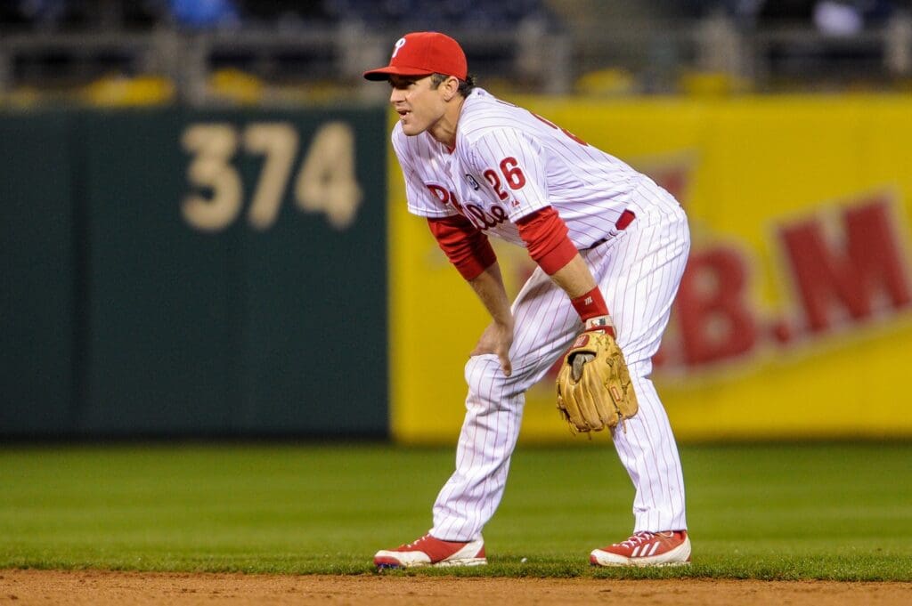 Apr 29, 2014; Philadelphia, PA, USA; Philadelphia Phillies second baseman Chase Utley (26) during the fifth inning of the game against the New York Mets at Citizens Bank Park.