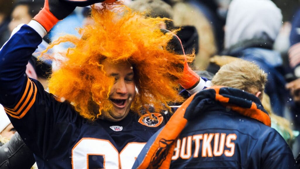 Nov 16, 2014; Chicago, IL, USA; Chicago Bears fans joke around in the stands at their game against the Minnesota Vikings at Soldier Field.