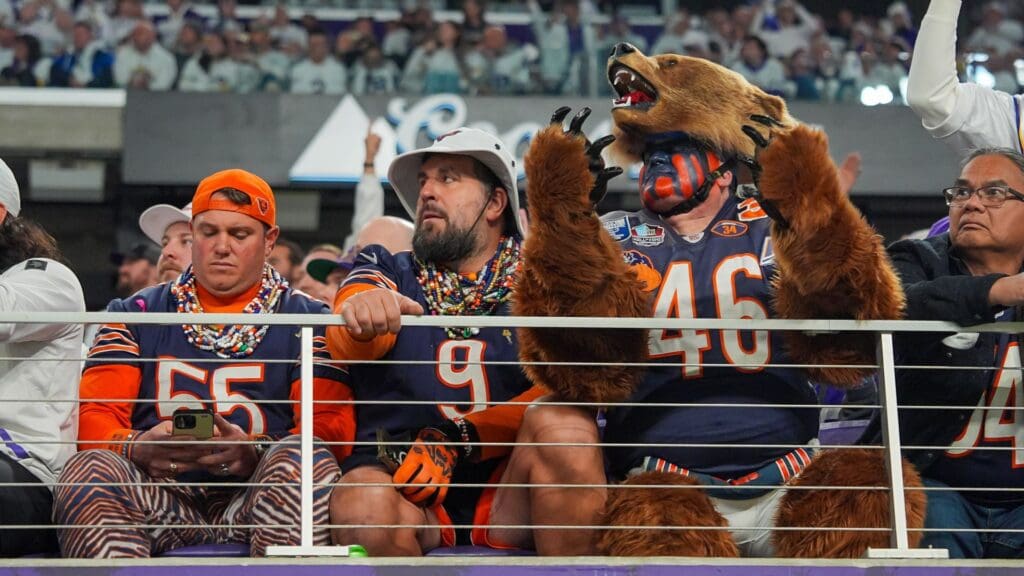 Dec 16, 2024; Minneapolis, Minnesota, USA; Chicago Bears fans during a game against the Minnesota Vikings in the second quarter at U.S. Bank Stadium.
