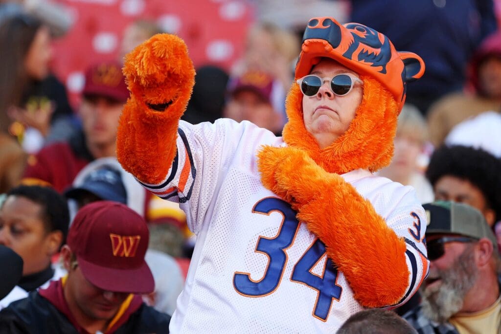 Oct 27, 2024; Landover, Maryland, USA; A Chicago Bears fans dances before the game between the Washington Commanders and the Chicago Bears at Commanders Field.