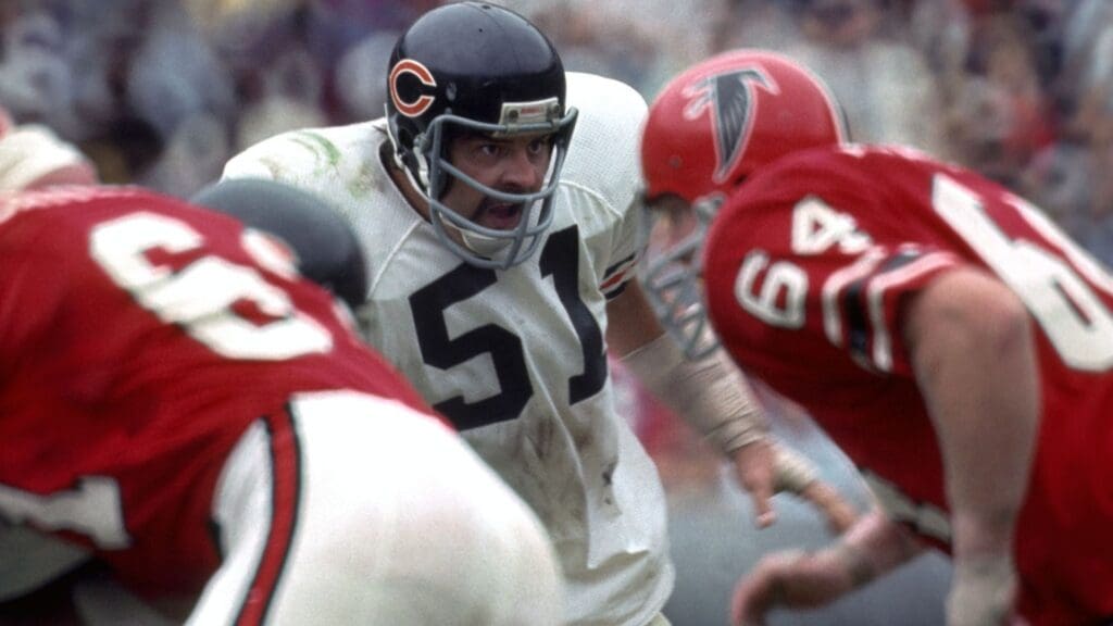 Oct 14, 1973; Atlanta, GA, USA; FILE PHOTO; Chicago Bears linebacker (51) Dick Butkus in action against the Atlanta Falcons at Fulton County Stadium. The Bears defeated the Falcons 46-6.