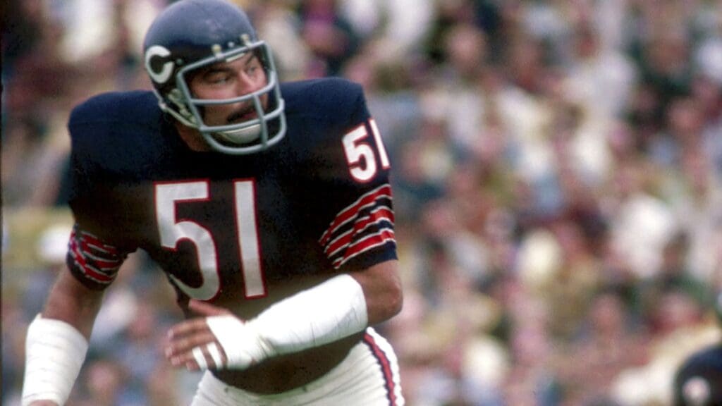 Aug 1971; Chicago, IL, USA; FILE PHOTO; Chicago Bears linebacker (51) Dick Butkus in action during the 1971 pre-season against the Denver Broncos at Soldier Field. 