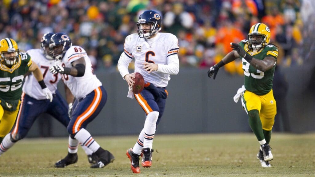Jan 2, 2011; Green Bay, WI, USA; Chicago Bears quarterback Jay Cutler (6) looks to throw a pass during the game against the Green Bay Packers at Lambeau Field. The Packers defeated the Bears 10-3.