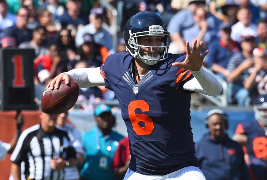 Sep 28, 2014; Chicago, IL, USA; Chicago Bears quarterback Jay Cutler (6) before the game against the Green Bay Packers at Soldier Field. 