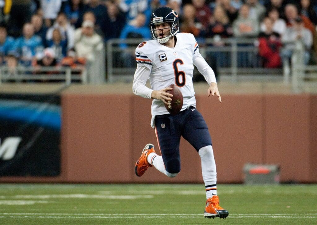 Dec 30, 2012; Detroit, MI, USA; Chicago Bears quarterback Jay Cutler (6) runs the ball during the fourth quarter against the Detroit Lions at Ford Field. Chicago won 26-24.