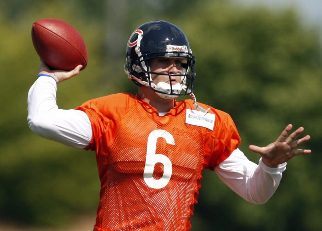 July 31, 2009; Bourbonnais, IL, USA; Chicago Bears quarterback Jay Cutler (6) throws a pass during training camp at Olivet Nazarene University.