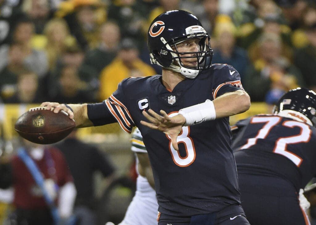 Sep 28, 2017; Green Bay, WI, USA; Chicago Bears quarterback Mike Glennon (8) attempts a pass in the second quarter during the game against the Green Bay Packers at Lambeau Field.