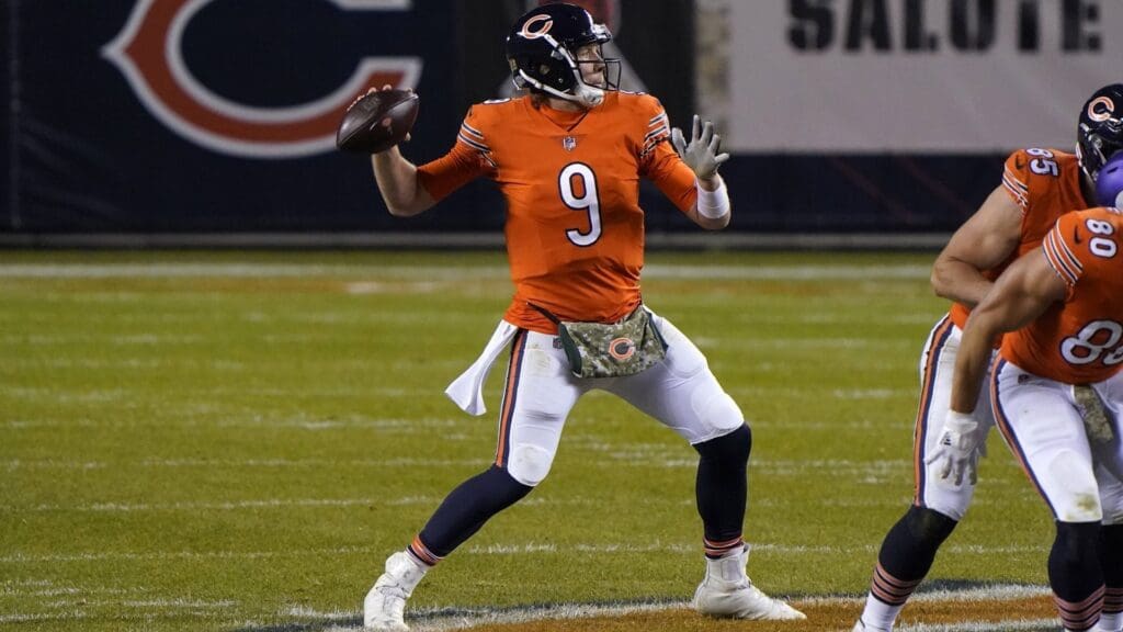 Nov 16, 2020; Chicago, Illinois, USA; Chicago Bears quarterback Nick Foles (9) drops back to pass against the Chicago Bears during the third quarter at Soldier Field.