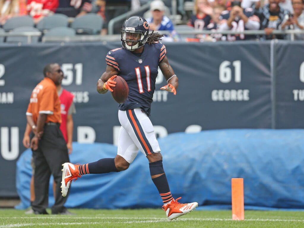 Aug 25, 2018; Chicago, IL, USA; Chicago Bears wide receiver Kevin White (11) scores a touchdown during the first half against the Kansas City Chiefs at Soldier Field.