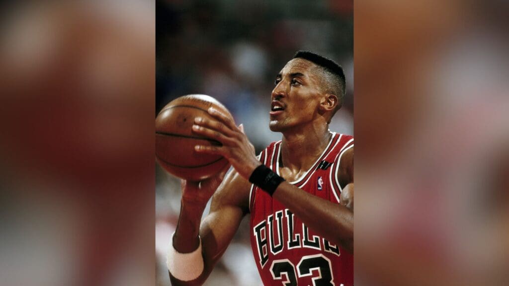 Unknown date 1992; Portland, OR, USA: FILE PHOTO; Chicago Bulls forward Scottie Pippen (33) at the free throw line against the Portland Trail Blazers during the 1992 season at Memorial Coliseum. 