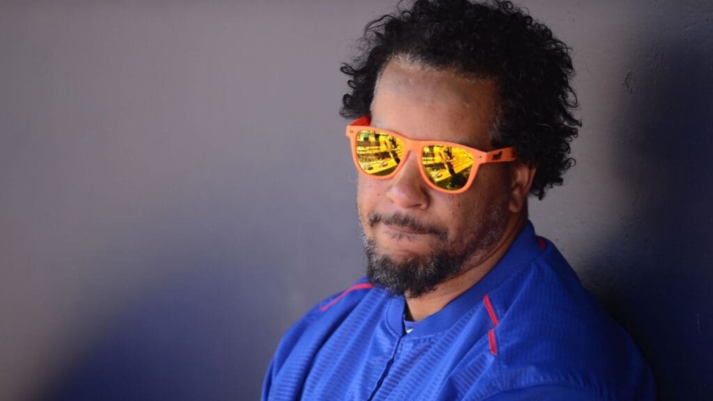 Mar 16, 2015; Peoria, AZ, USA; Chicago Cubs hitting coach Manny Ramirez looks on against the San Diego Padres at Peoria Sports Complex. Mandatory Credit: Joe Camporeale-Imagn Images