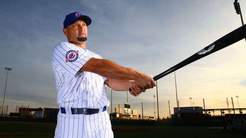 Feb 29, 2016; Mesa, AZ, USA; Chicago Cubs outfielder Shane Victorino poses for a portrait during photo day at Sloan Park.