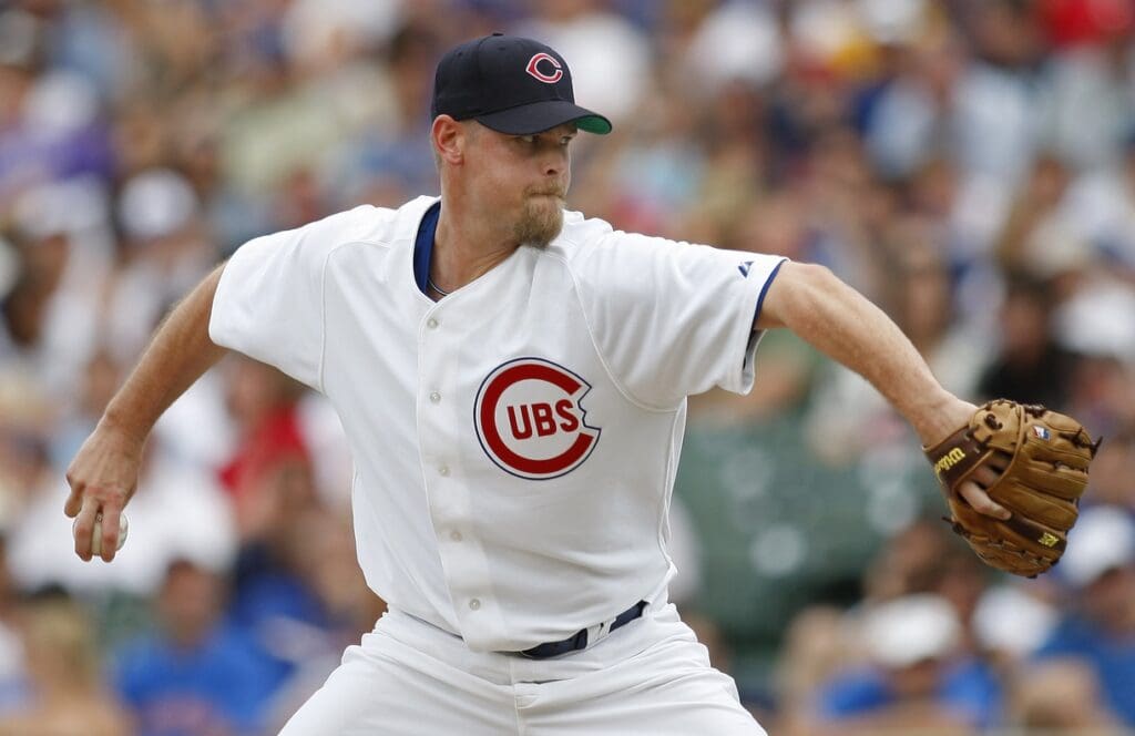 Jun 12, 2008; Chicago, IL, USA; Chicago Cubs relief pitcher Kerry Wood delivers a pitch during the tenth inning at Wrigley Field. The Cubs beat the Braves 3-2 in 11 innings.
