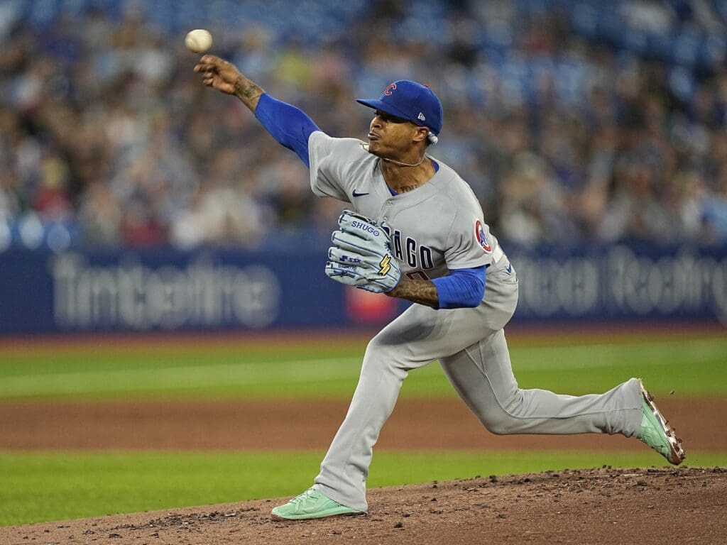 Aug 30, 2022; Toronto, Ontario, CAN; Chicago Cubs starting pitcher Marcus Stroman (0) throws a pitch against the Toronto Blue Jays during the second inning at Rogers Centre.