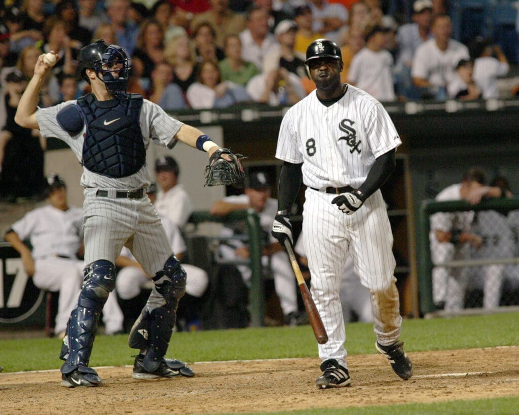 Aug 15, 2005; Chicago, IL, USA; Chicago White Sox DH #8 Carl Everett reacts after striking out against Minnesota's Juan Rincon in the 8th inning at US Cellular Field. The Minnesota Twins defeated the Chicago White Sox 4-2.