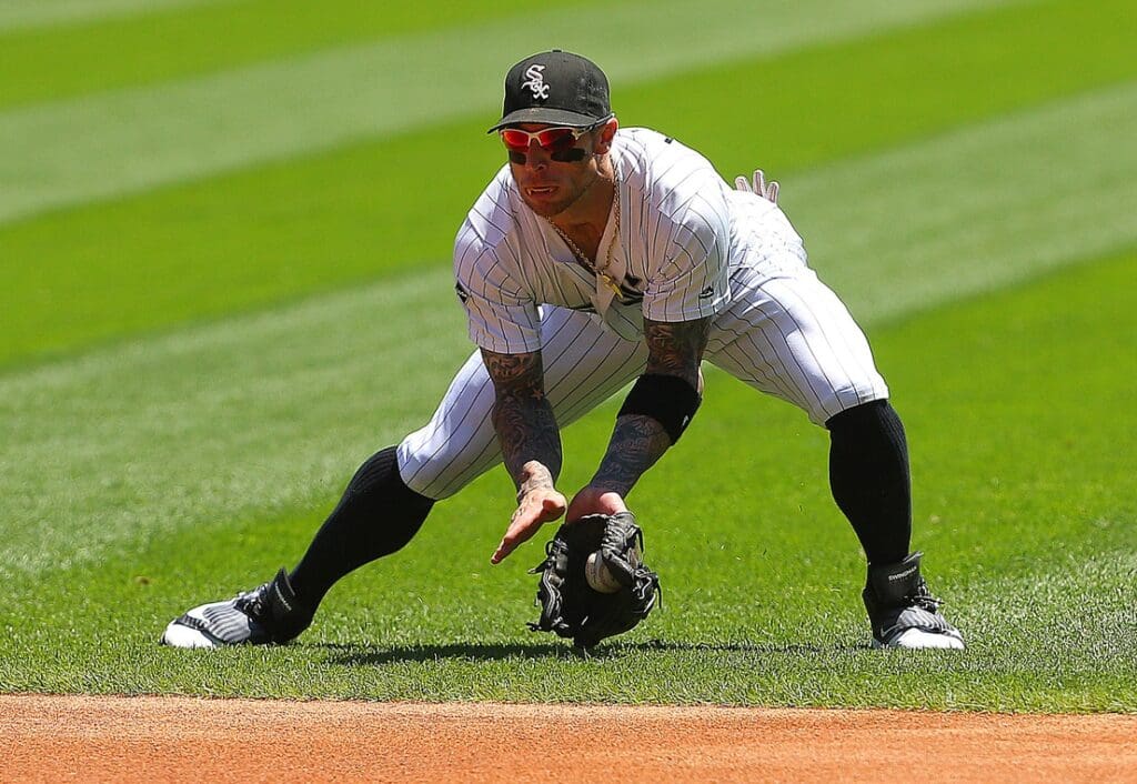 Jul 9, 2016; Chicago, IL, USA; Chicago White Sox second baseman Brett Lawrie (15) fields a ground ball off the bat of Atlanta Braves first baseman Freddie Freeman (not pictured) during the first inning at U.S. Cellular Field.