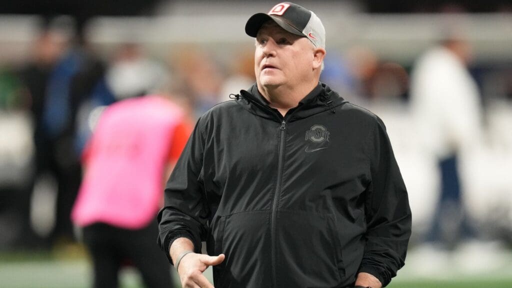 Jan 20, 2025; Atlanta, GA, USA; Ohio State Buckeyes offensive coordinator Chip Kelly before playing against the Notre Dame Fighting Irish the CFP National Championship college football game at Mercedes-Benz Stadium.