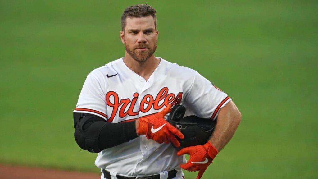 Jul 9, 2020; Baltimore, Maryland, United States; Baltimore Orioles first baseman Chris Davis (19) returns to the dugout during a practice game at Oriole Park at Camden Yards.