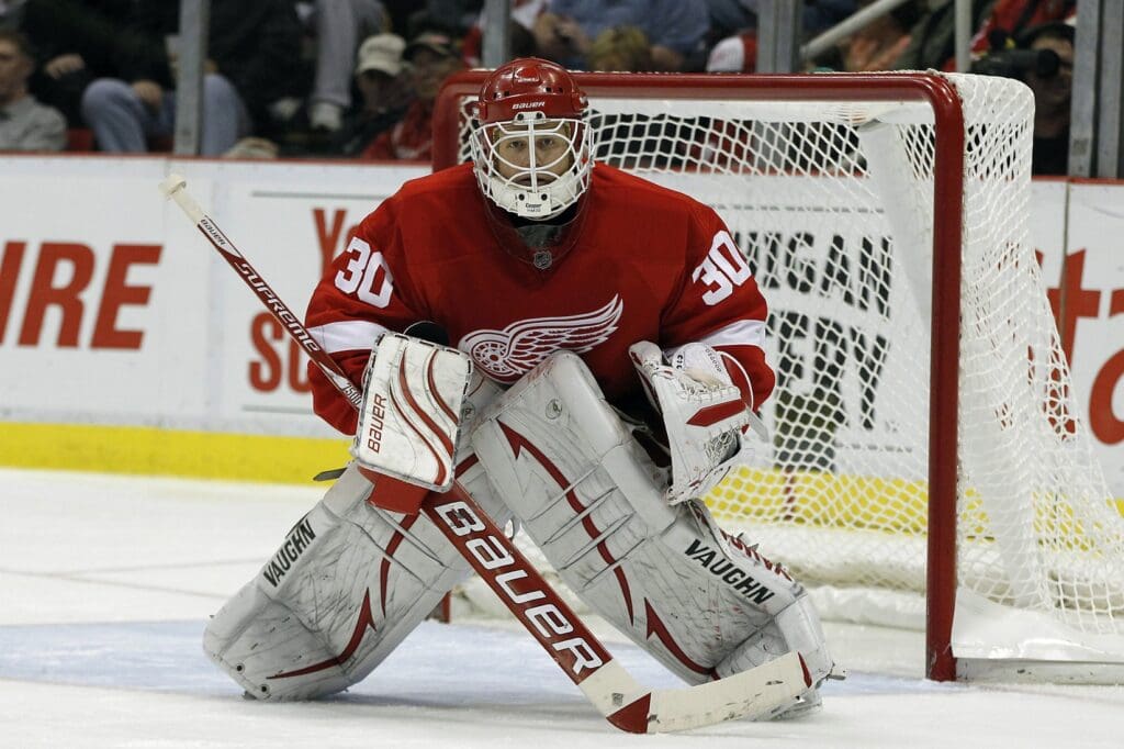 Oct 28, 2010; Detroit, MI, USA; Detroit Red Wings goalie Chris Osgood (30) during the game against the Phoenix Coyotes at Joe Louis Arena in Detroit, Michigan.
