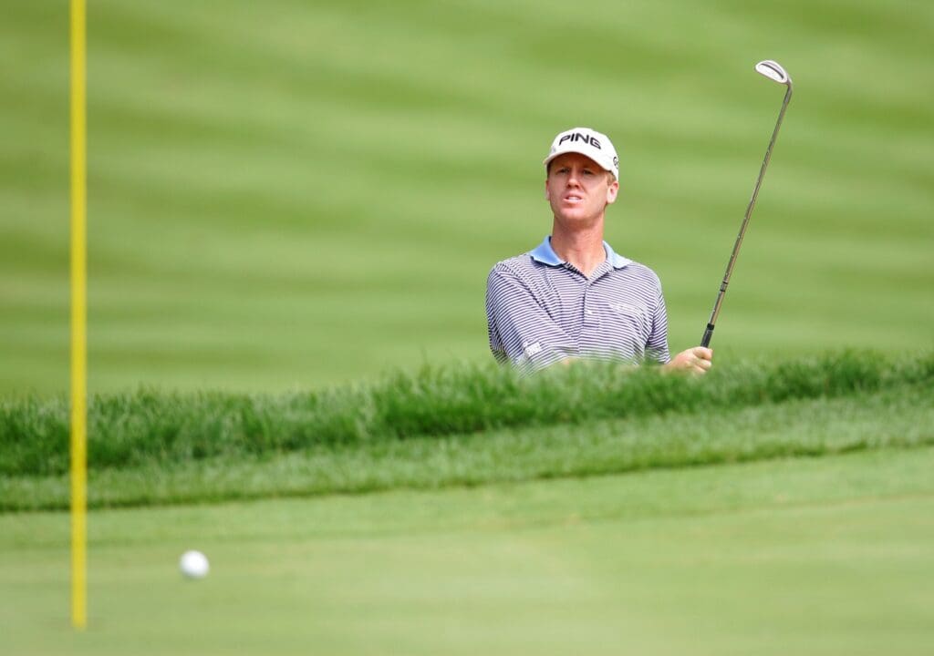 Aug 18, 2005; Medinah, IL, USA; Chris Riley hits a sand shot on the 14th hole during the second round of the PGA Championship at Medinah Country Club in Medinah, IL.