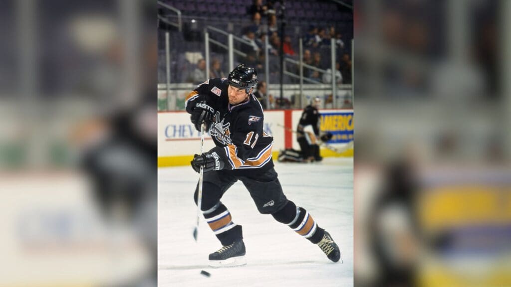 Jan 1, 2002; Washington, DC, USA; FILE PHOTO; Washington Capitals left wing Chris Simon (17) in action against the New York Islanders at the MCI Center.