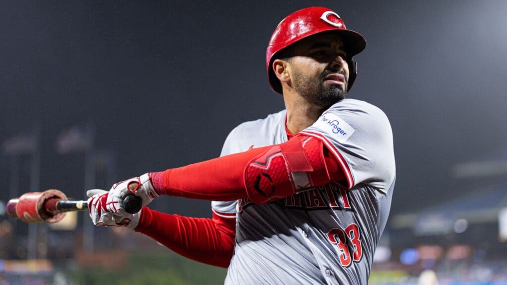 Apr 3, 2024; Philadelphia, Pennsylvania, USA; Cincinnati Reds first baseman Christian Encarnacion-Strand (33) prepares to bat during the eighth inning against the Philadelphia Phillies at Citizens Bank Park.