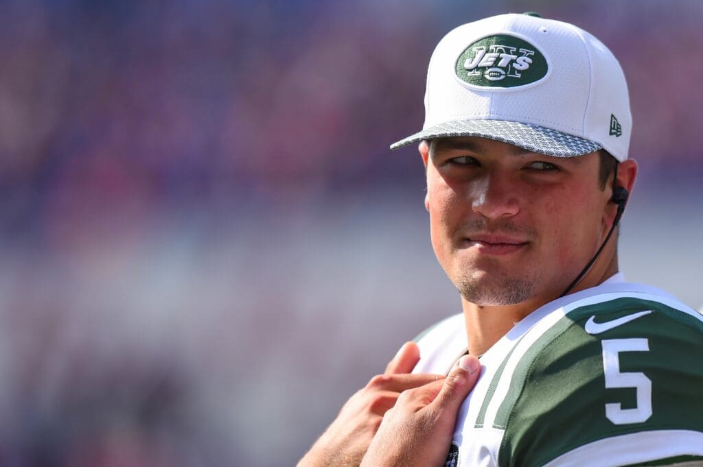 Sep 10, 2017; Orchard Park, NY, USA; New York Jets quarterback Christian Hackenberg (5) stands on the sidelines against the Buffalo Bills during the fourth quarter at New Era Field.