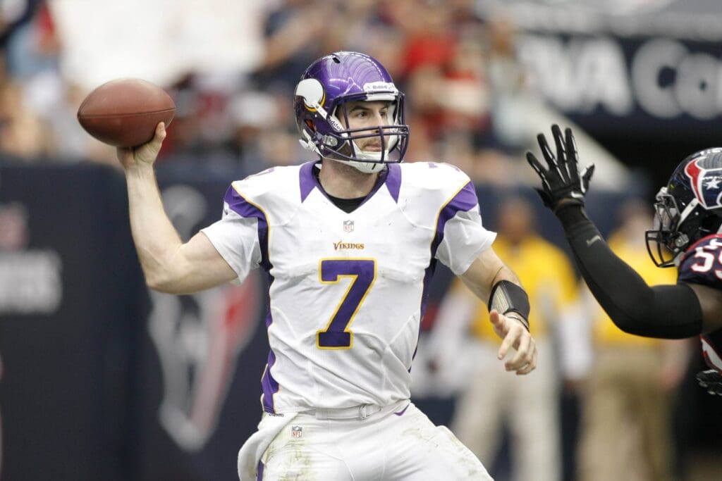 Dec 23, 2012; Houston, TX, USA; Minnesota Vikings quarterback Christian Ponder (7) throws a pass against the Houston Texans in the third quarter at Reliant Stadium. The Vikings defeated the Texans 23-6.