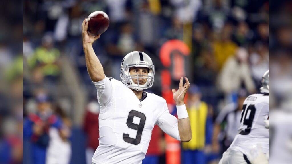 Sep 3, 2015; Seattle, WA, USA; Oakland Raiders quarterback Christian Ponder (9) throws against the Seattle Seahawks during the fourth quarter at CenturyLink Field.