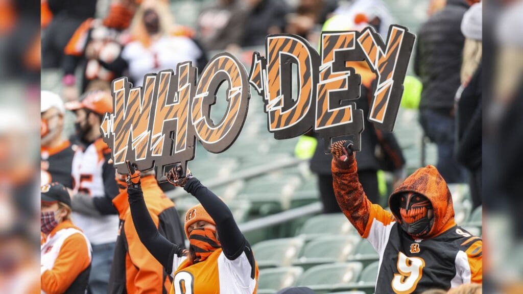 Oct 25, 2020; Cincinnati, Ohio, USA; Cincinnati Bengals fans celebrate a touchdown against the Cleveland Browns in the first half at Paul Brown Stadium.
