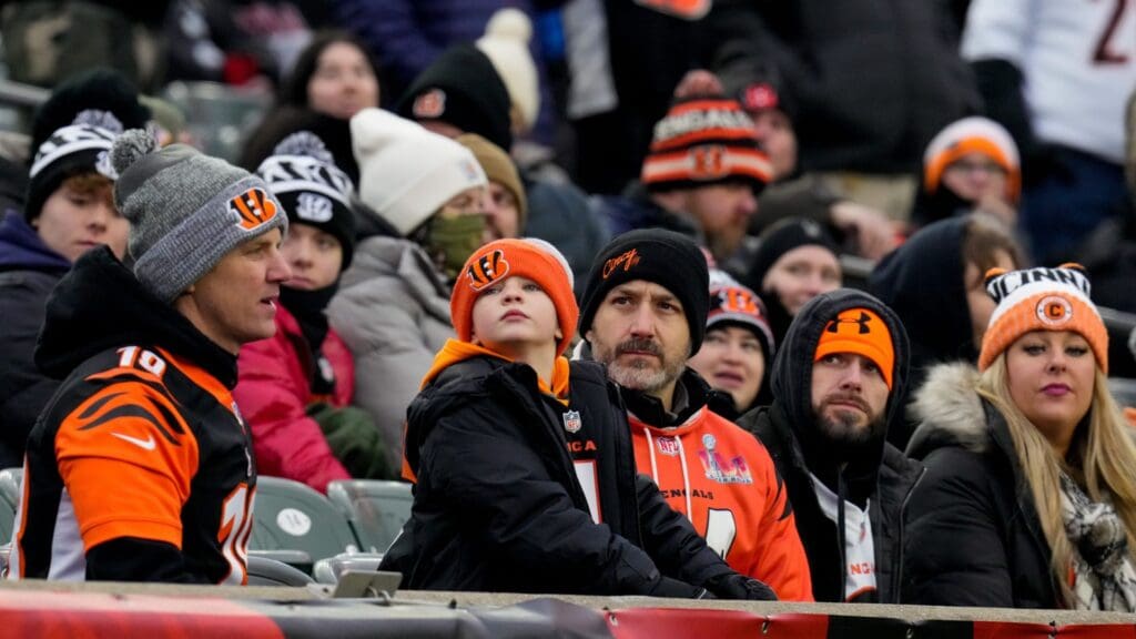 Cincinnati Bengals fans watch a replay on the video board in the fourth quarter of the NFL Week 18 game between the Cincinnati Bengals and the Cleveland Browns at Paycor Stadium in downtown Cincinnati on Sunday, Jan. 7, 2024.