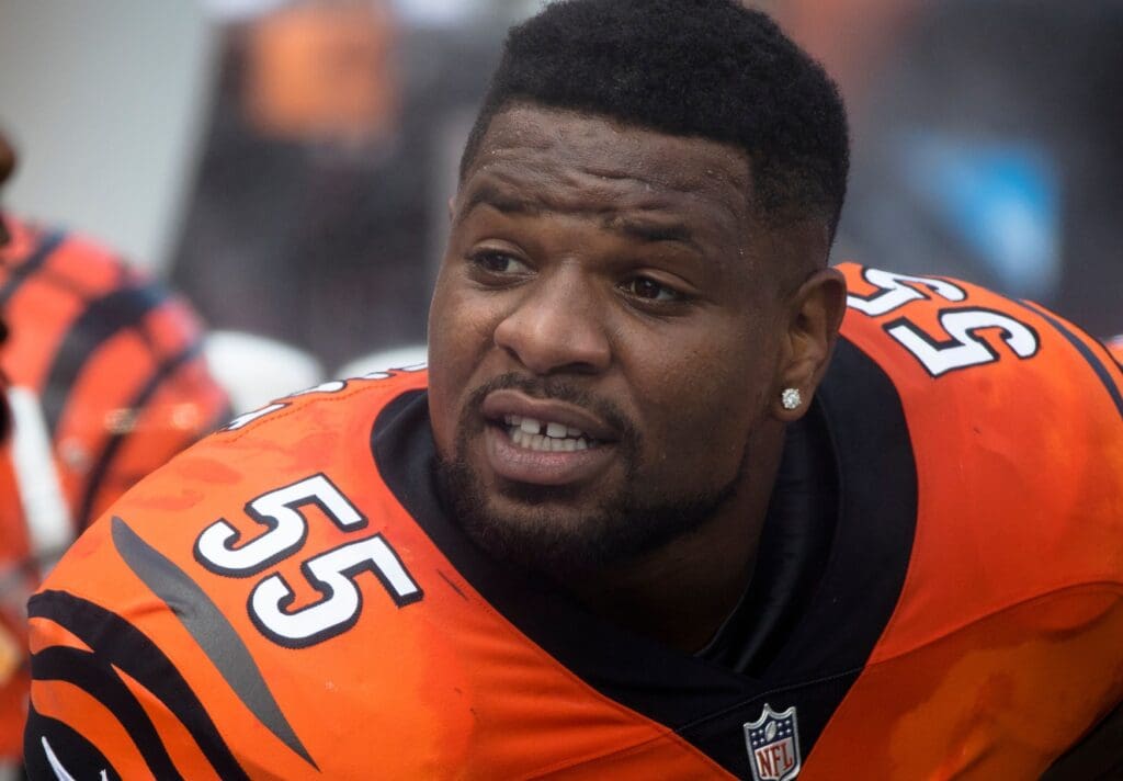 Cincinnati Bengals linebacker Vontaze Burfict (55) speaks to fellow defensive players during a Week 5 NFL game between the Cincinnati Bengals and the Miami Dolphins, Sunday, Oct. 7, 2018, at Paul Brown Stadium in Cincinnati. Bengals Dolphins