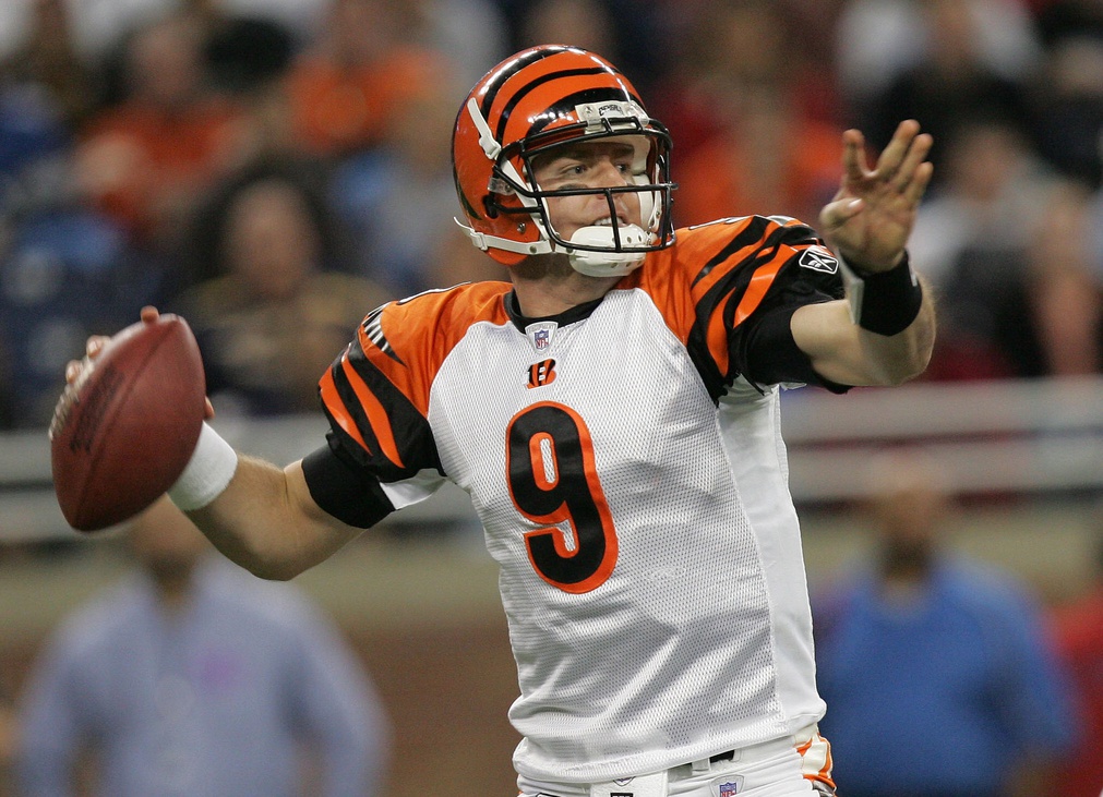 Dec 18, 2005; Detroit, MI, USA; Cincinnati Bengals quarterback (9) Carson Palmer throws a pass in the first quarter against the Detroit Lions. The Bengals beat the Lions 41-17 and clinched the AFC North Division title at Ford Field.