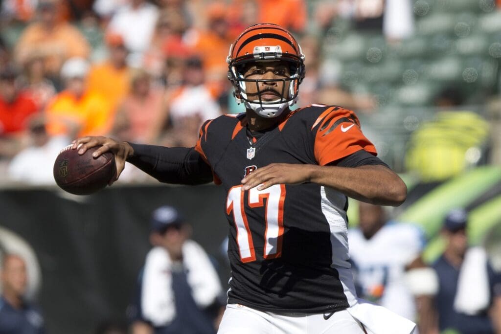 Sep 21, 2014; Cincinnati, OH, USA; Cincinnati Bengals quarterback Jason Campbell (17) looks to pass during the second half against the Tennessee Titans at Paul Brown Stadium. The Bengals won 33-7.
