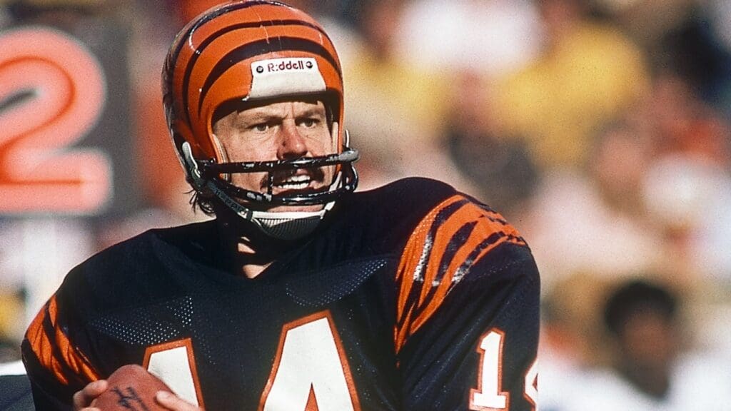 Nov 15, 1981; Cincinnati, OH, USA; FILE PHOTO; Cincinnati Bengals quarterback Ken Anderson (14) in action against the Los Angeles Rams at Riverfront Stadium.