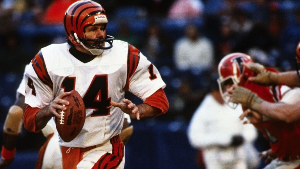 Dec 20, 1981; Atlanta, GA, USA; FILE PHOTO; Cincinnati Bengals quarterback Ken Anderson (14) in action against the Atlanta Falcons at Atlanta-Fulton County Stadium.