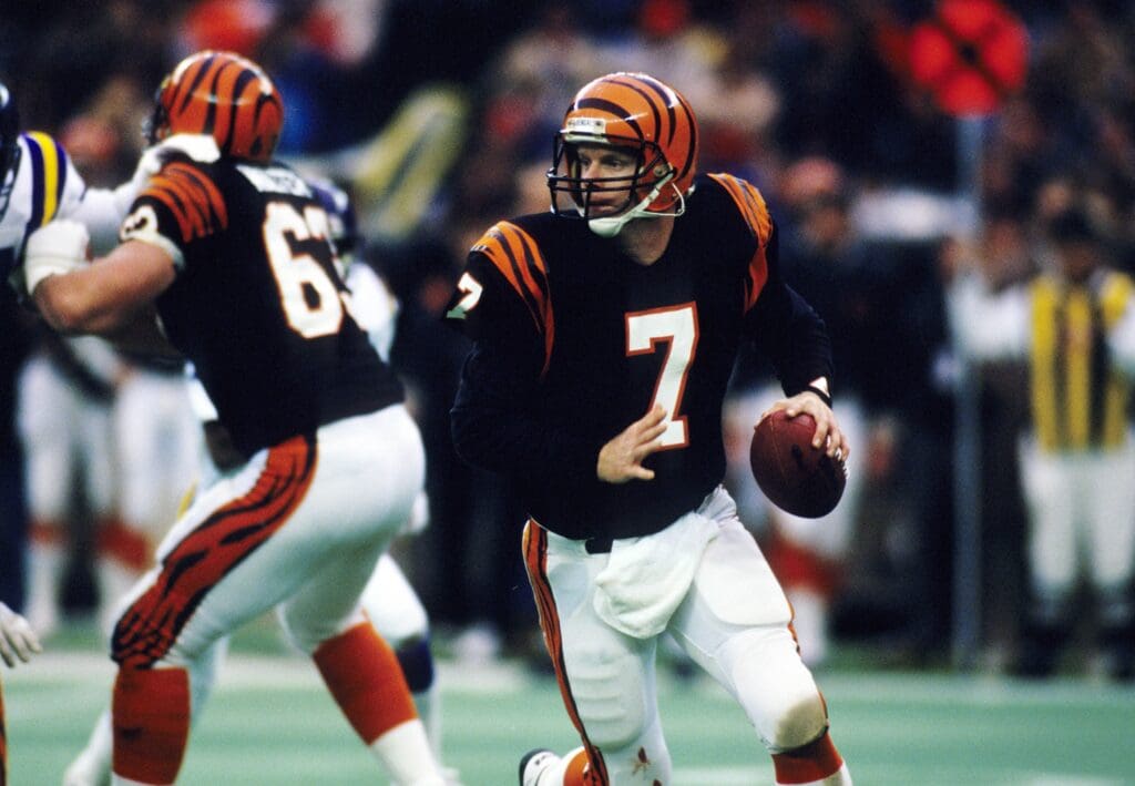 Nov 23, 1986; Cincinnati, OH, USA; FILE PHOTO; Cincinnati Bengals quaterback Boomer Esiason (7) in action against the Minnesota Vikings at Riverfront Stadium.