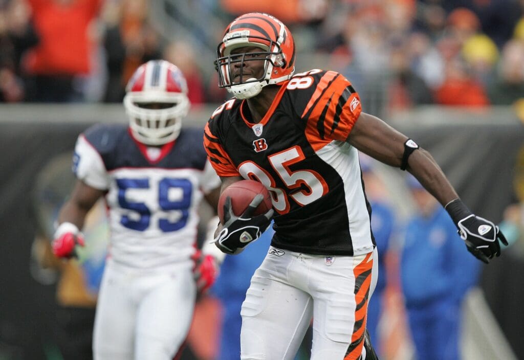 Dec 24, 2005; Cincinnati, OH, USA; Cincinnati Bengals wide receiver (85) Chad Johnson runs for a touchdown against the Buffalo Bills at Paul Brown Stadium.