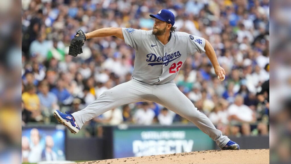 Jul 8, 2025; Milwaukee, Wisconsin, USA; Los Angeles Dodgers pitcher Clayton Kershaw (22) during the game against the Milwaukee Brewers at American Family Field.