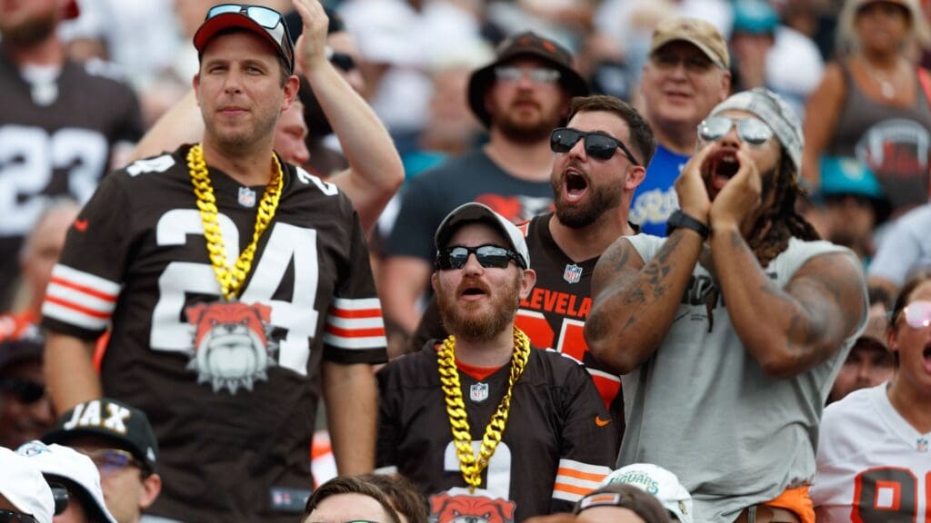 Sep 15, 2024; Jacksonville, Florida, USA; Cleveland Browns fans cheer during the game against the Jacksonville Jaguars at EverBank Stadium.