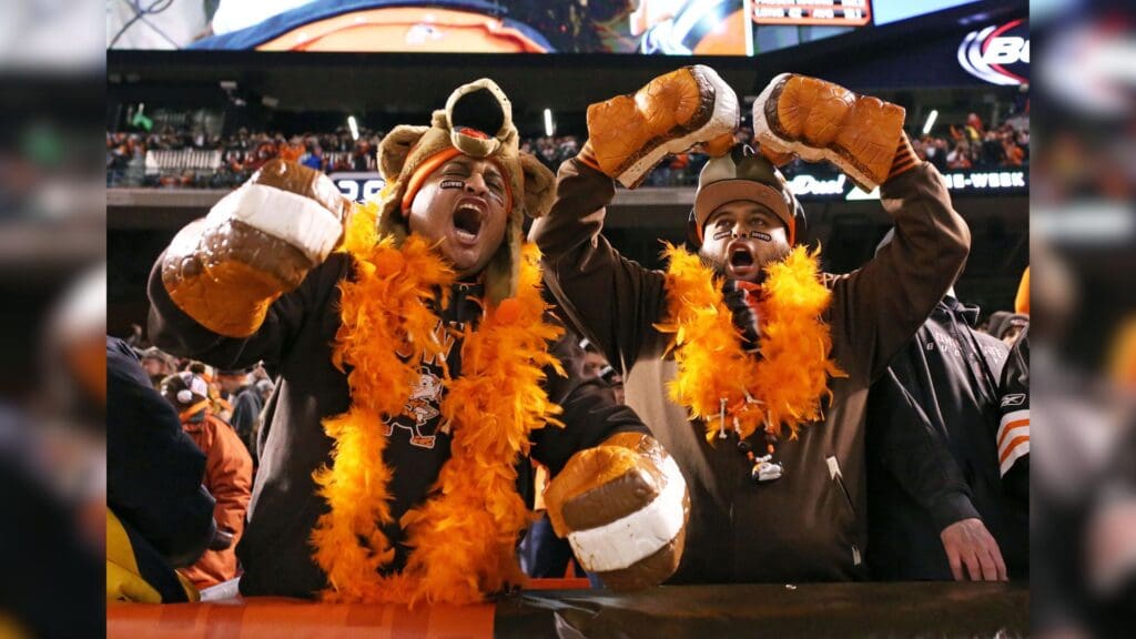 Nov 30, 2015; Cleveland, OH, USA; Cleveland Browns fans cheer in the stands against the Baltimore Ravens at FirstEnergy Stadium. The Ravens won 33-27.