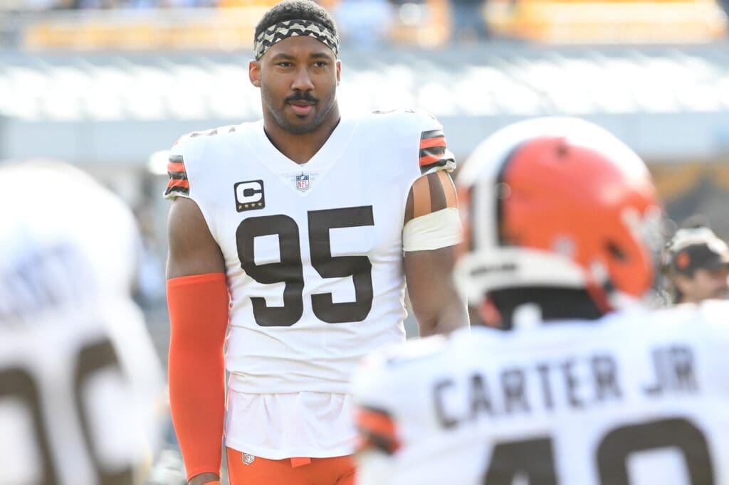 Jan 8, 2023; Pittsburgh, Pennsylvania, USA; Cleveland Browns defensiven end Myles Garrett (95) before playing the Pittsburgh Steelers at Acrisure Stadium.