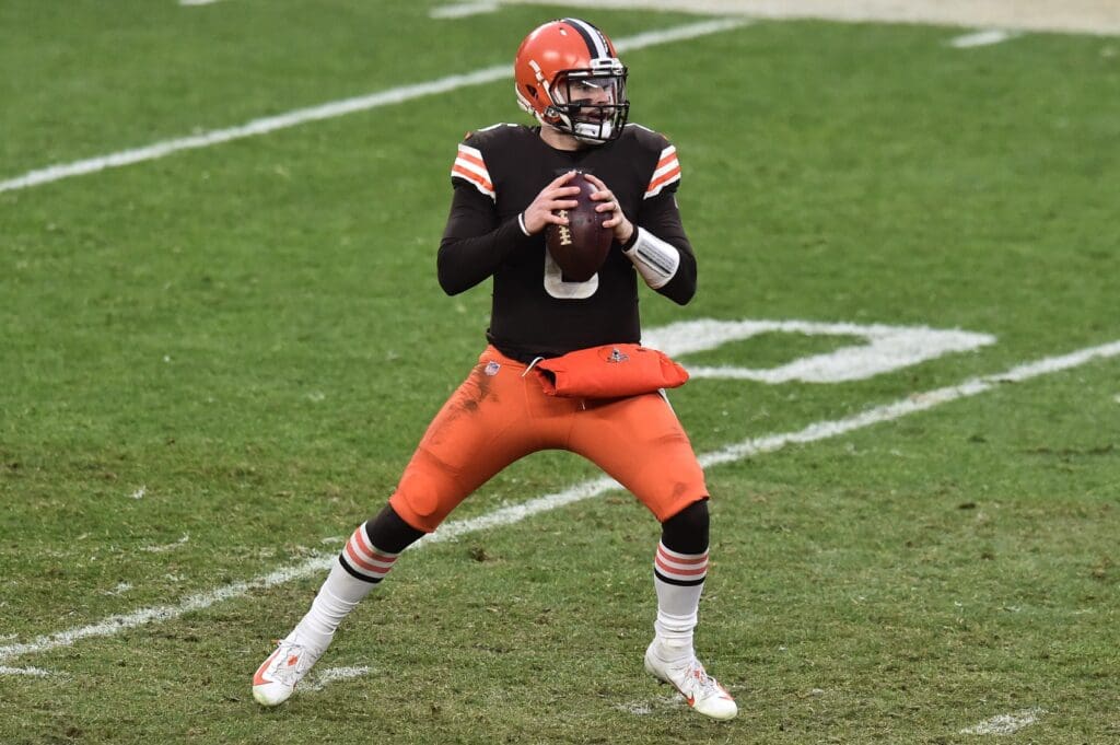 Jan 3, 2021; Cleveland, Ohio, USA; Cleveland Browns quarterback Baker Mayfield (6) looks to pass during the second half against the Pittsburgh Steelers at FirstEnergy Stadium.