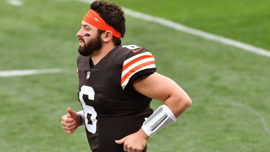 Oct 11, 2020; Cleveland, Ohio, USA; Cleveland Browns quarterback Baker Mayfield (6) is introduced before the game between the Cleveland Browns and the Indianapolis Colts at FirstEnergy Stadium.