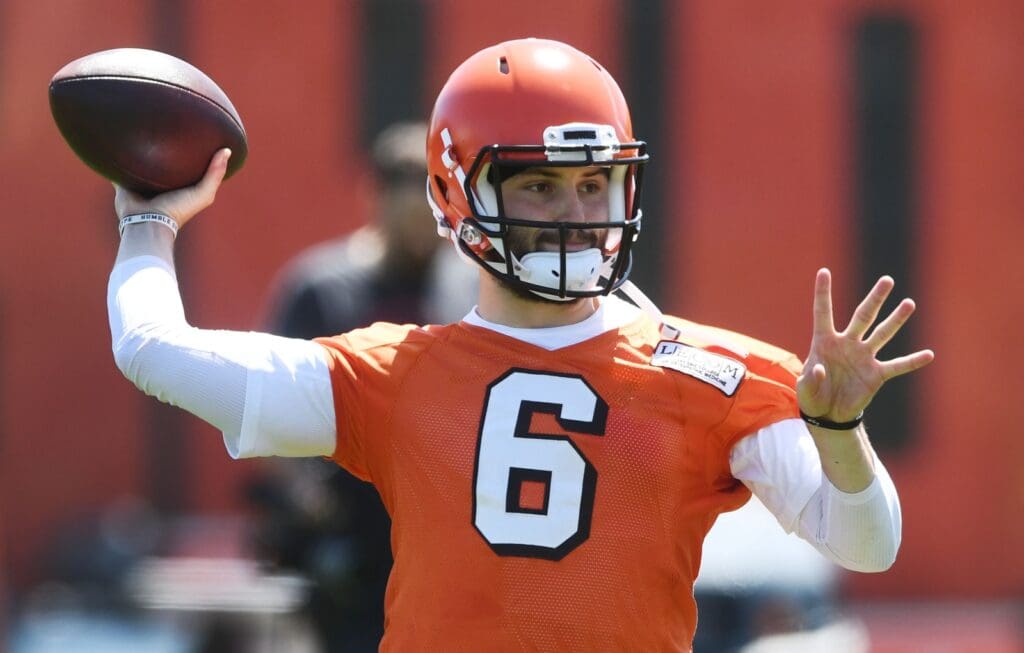 May 23, 2018; Berea, OH, USA; Cleveland Browns quarterback Baker Mayfield (6) throws a pass during organized team activities at the Cleveland Browns training facility.