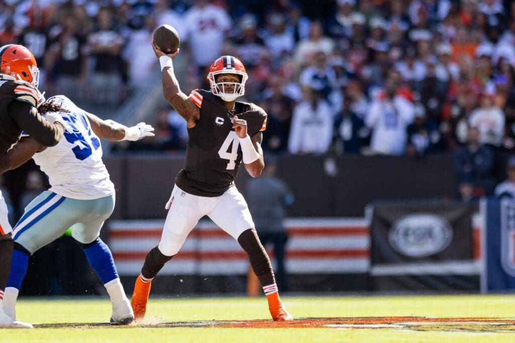 Sep 8, 2024; Cleveland, Ohio, USA; Cleveland Browns quarterback Deshaun Watson (4) throws the ball against the Dallas Cowboys during the first quarter at Huntington Bank Field. 