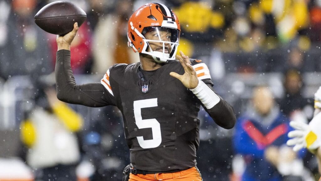 Nov 21, 2024; Cleveland, Ohio, USA; Cleveland Browns quarterback Jameis Winston (5) throws the ball during the second quarter against the Pittsburgh Steelers at Huntington Bank Field Stadium.