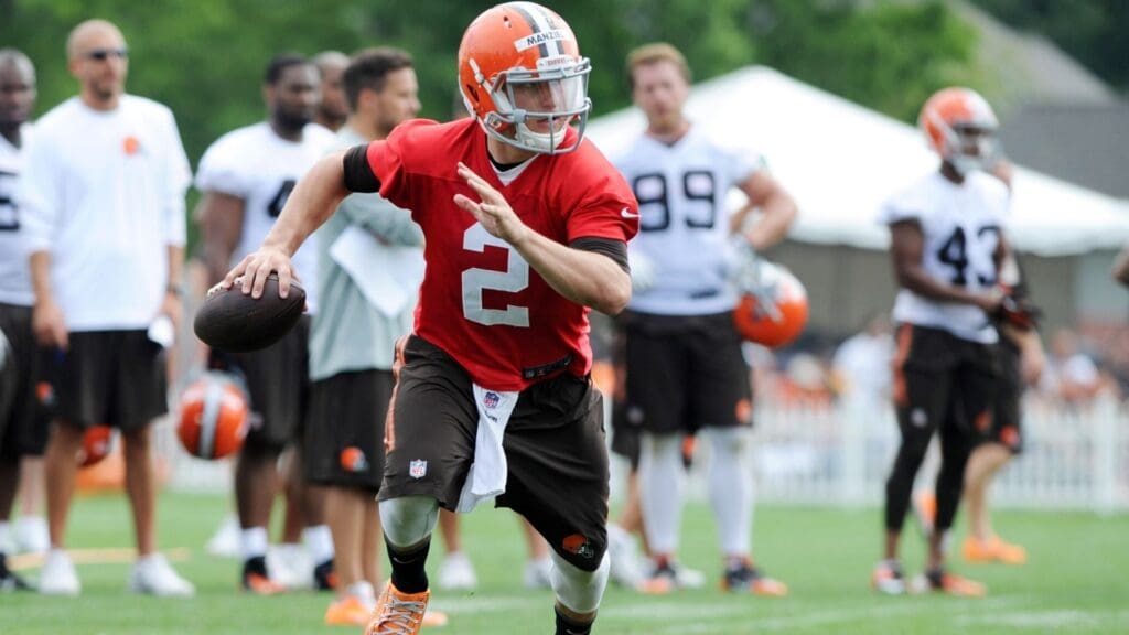 Jul 26, 2014; Berea, OH, USA; Cleveland Browns quarterback Johnny Manziel (2) practices during training camp at the Cleveland Browns training facility. 